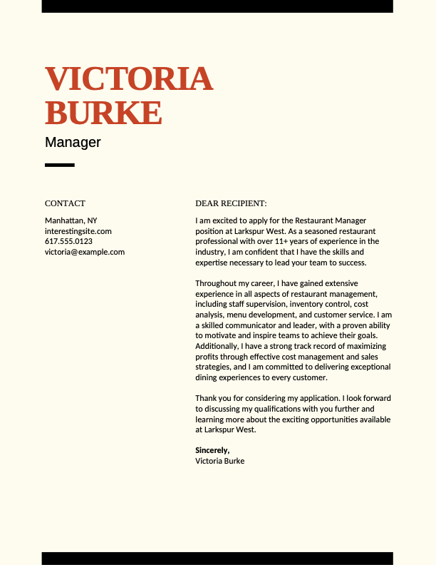 Bold food service cover letter